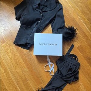NADINE MERABI Black Satin Set with Feather Trim